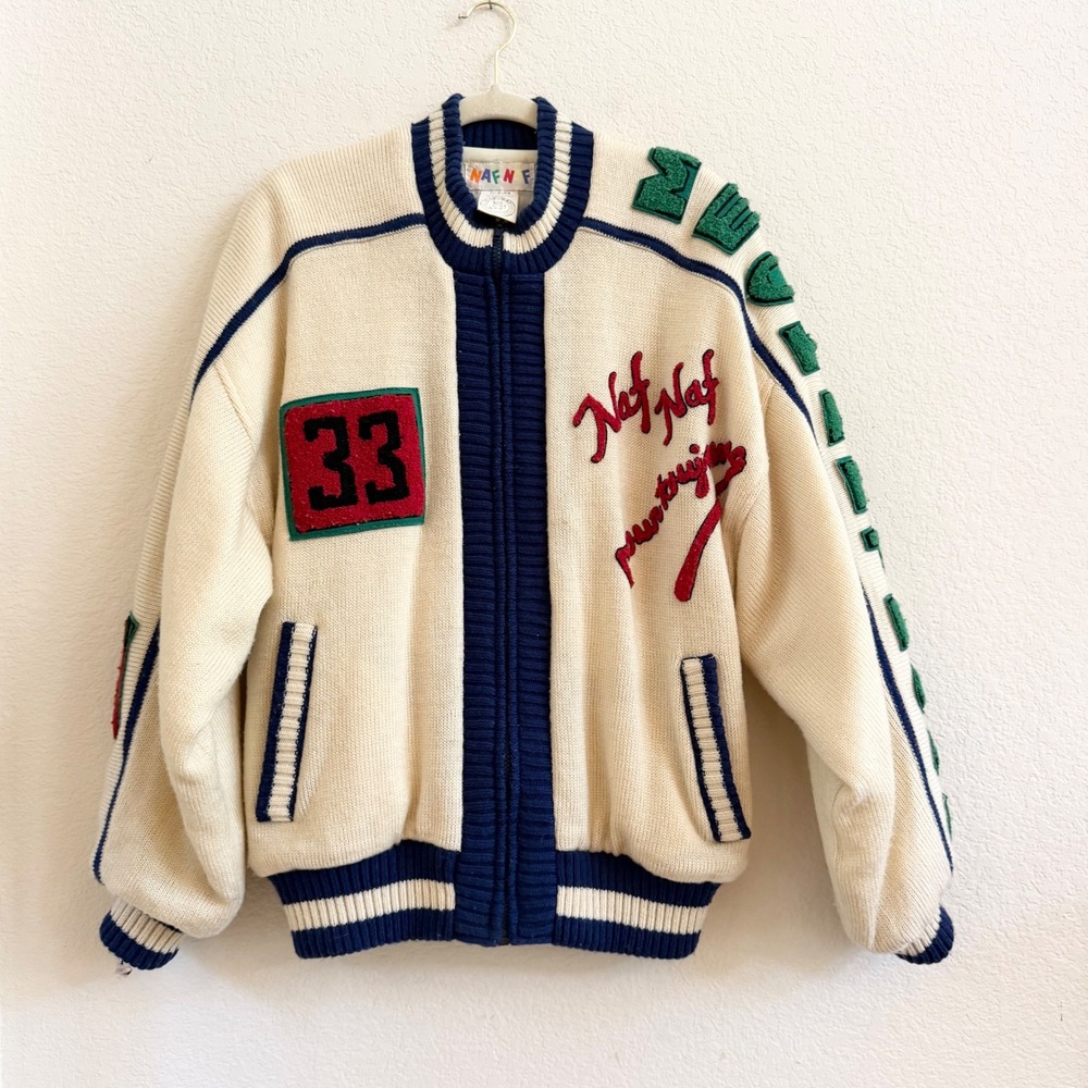 Vintage Naf Naf Paris Varsity Letterman Knit Jacket Full Zip Cream Blue W-9053